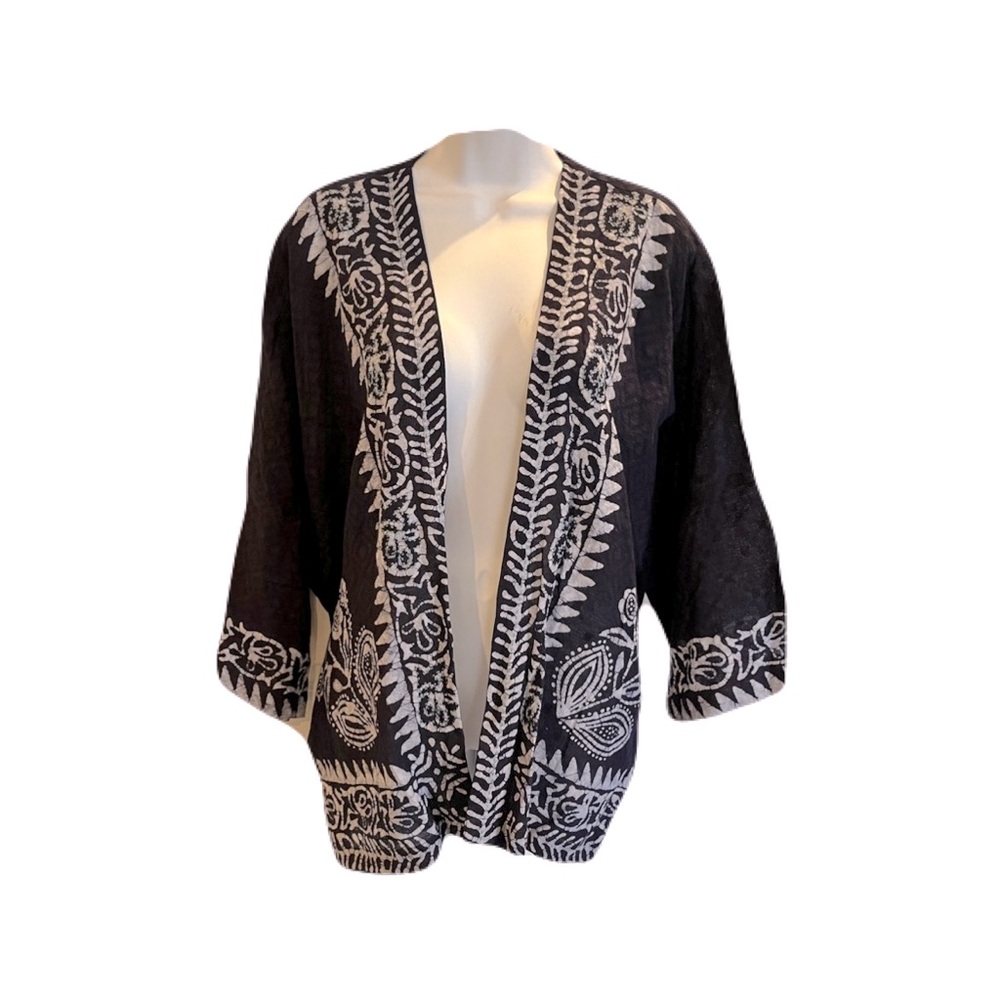Serrv Navy and White Textured, Tribal Print, Oversized Open Kimono, Size S/M